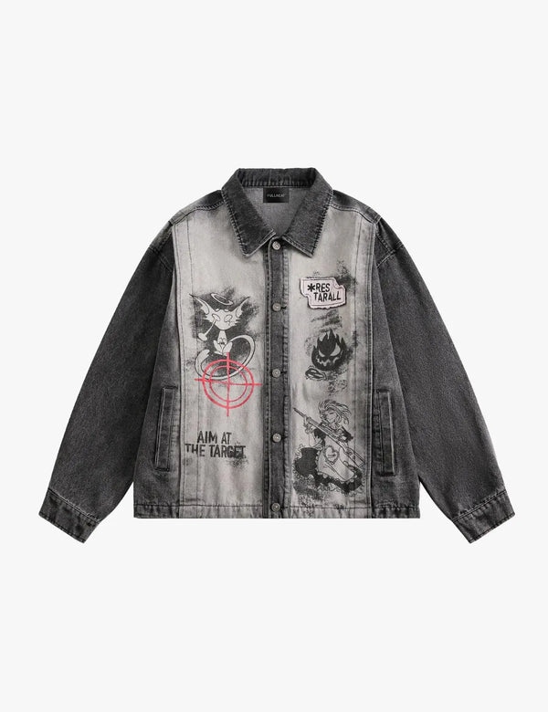 Fullneat Washed Black Print Denim Jacket