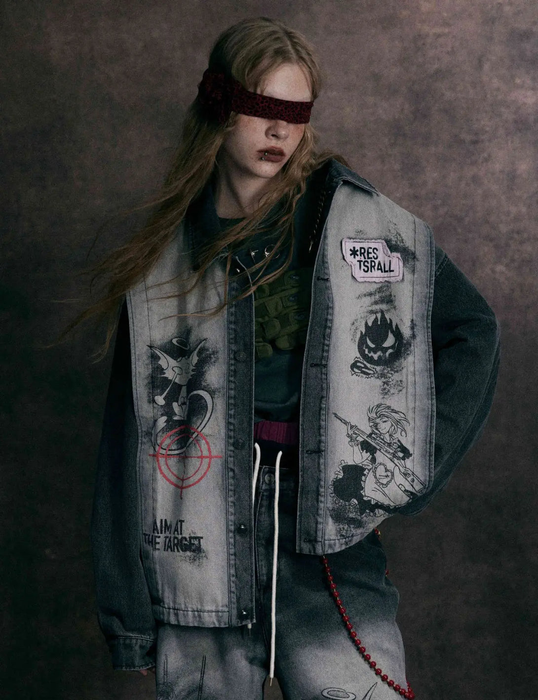 Fullneat Washed Black Print Denim Jacket