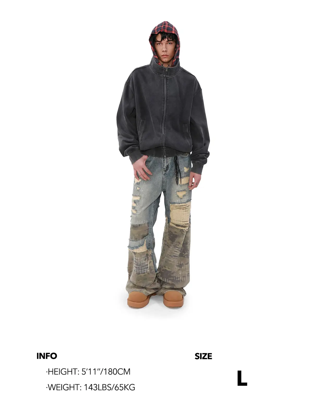 Fullneat Washed Plaid Lined Zip Up Hoodie 