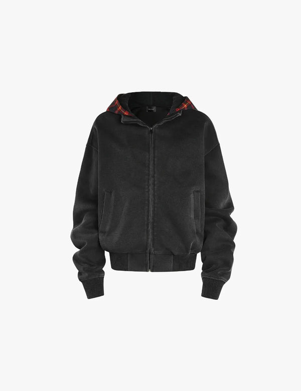 Fullneat Washed Plaid Lined Zip Up Hoodie 