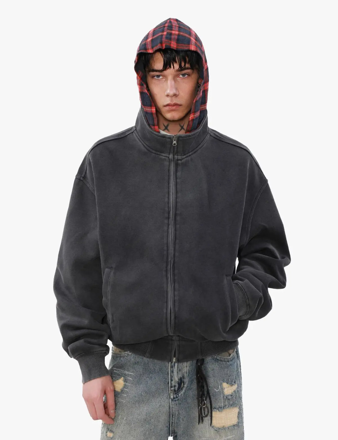 Fullneat Washed Plaid Lined Zip Up Hoodie 