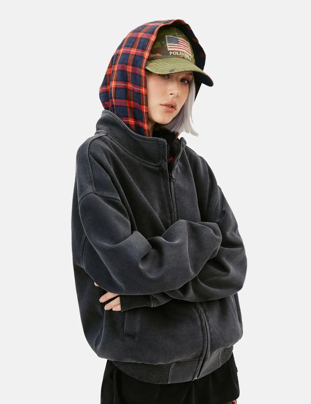 Fullneat Washed Plaid Lined Zip Up Hoodie 