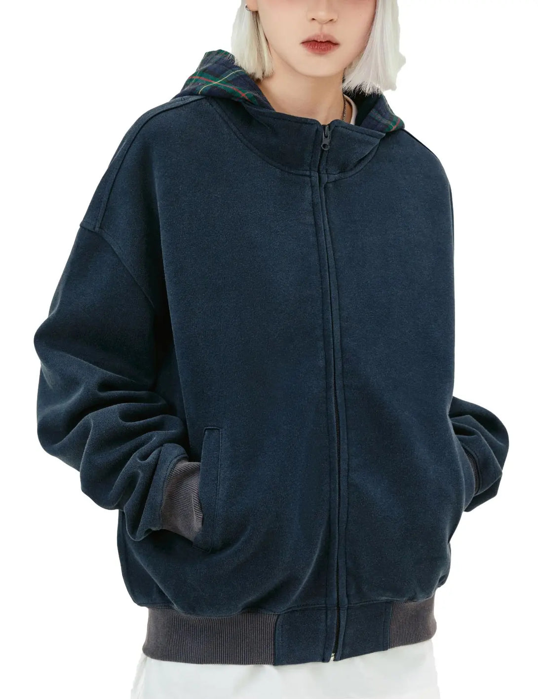 Fullneat Washed Plaid Lined Zip Up Hoodie 