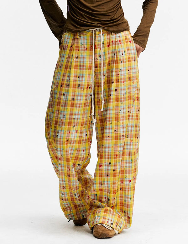 Fullneat Y2K Baggy Plaid Star Print Wide Leg Pants 