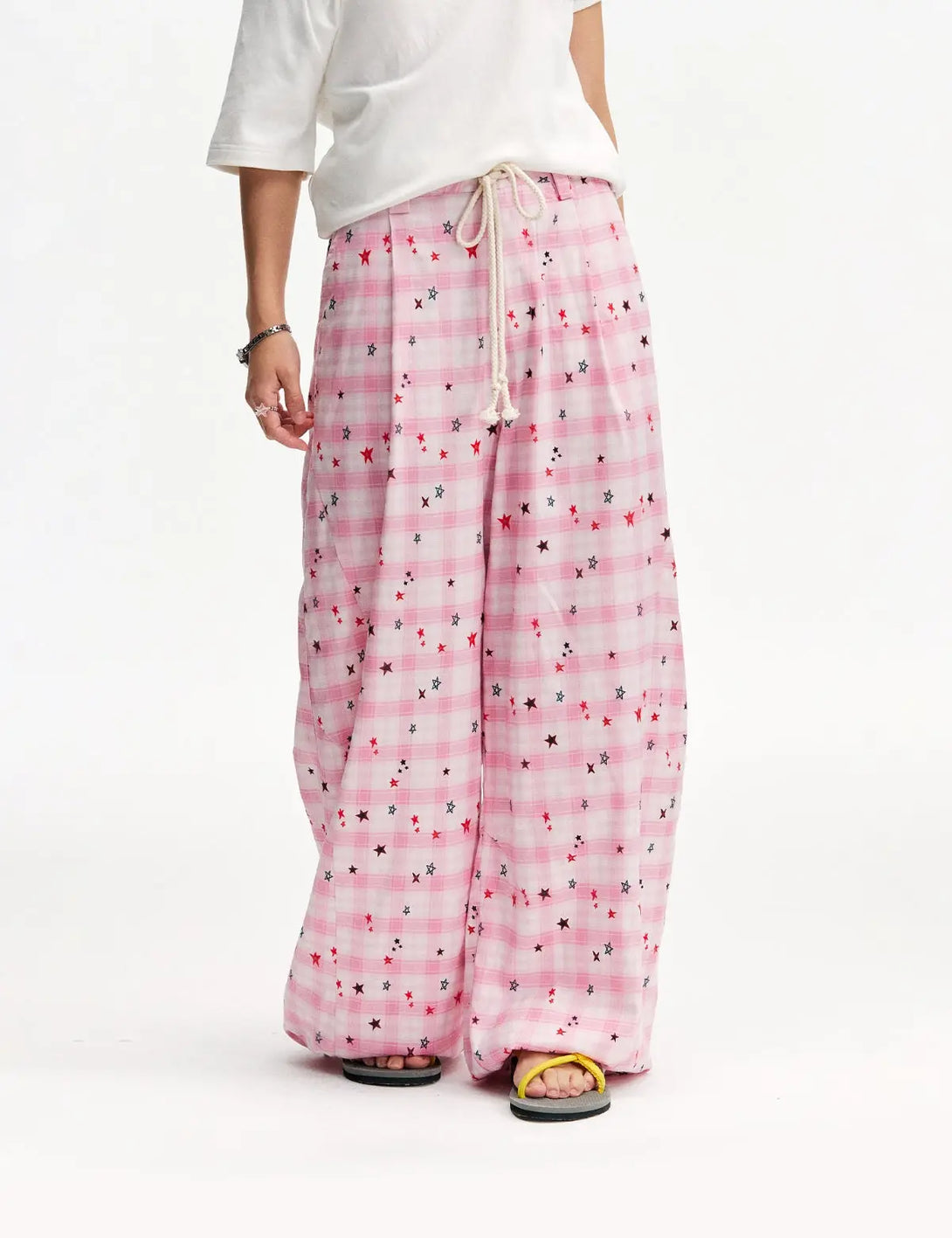 Fullneat Y2K Baggy Plaid Star Print Wide Leg Pants 