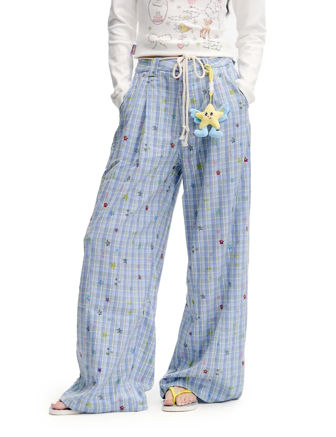 Fullneat Y2K Baggy Plaid Star Print Wide Leg Pants 