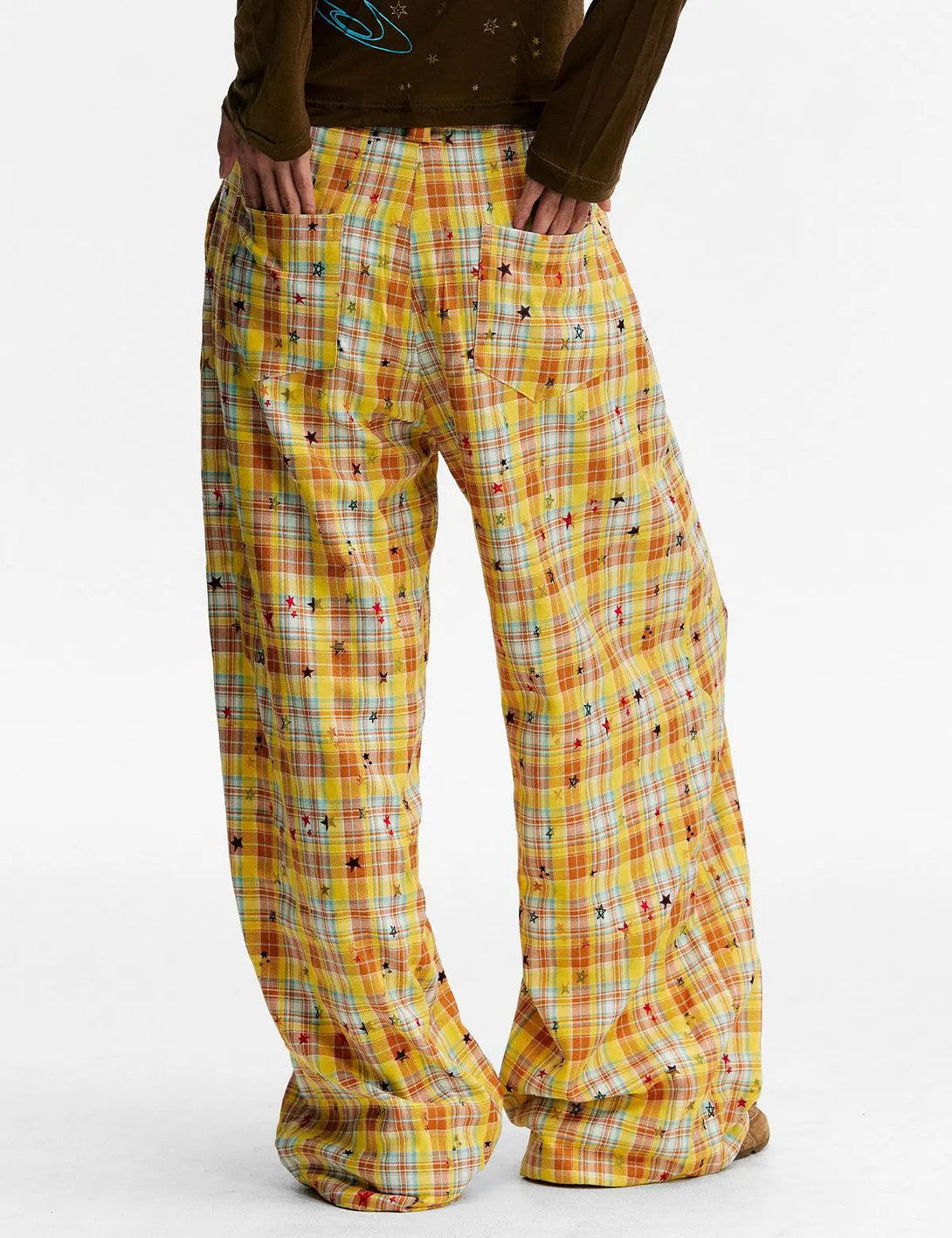 Fullneat Y2K Baggy Plaid Star Print Wide Leg Pants 