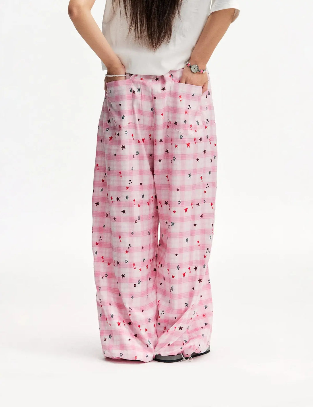 Fullneat Y2K Baggy Plaid Star Print Wide Leg Pants 