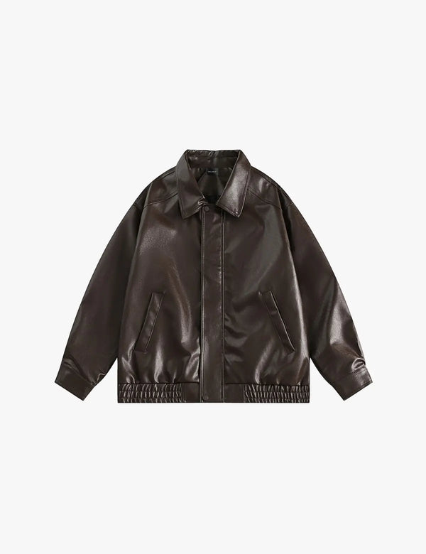Fullneat Zip Up Ruched Brown Leather Jacket - Front