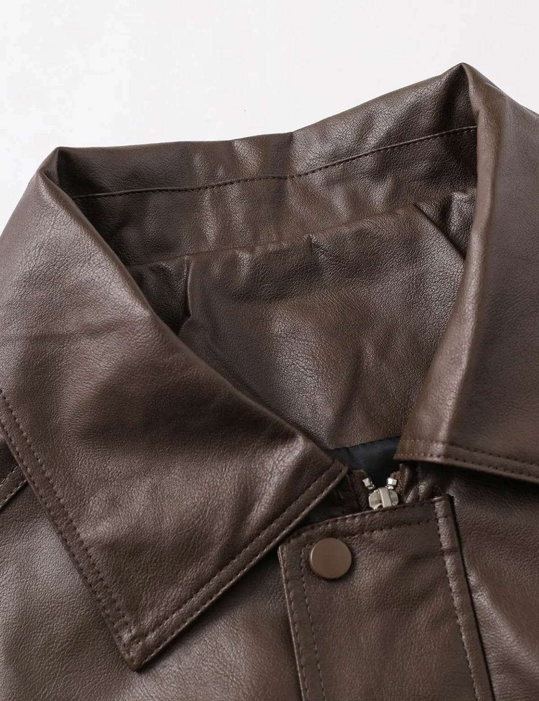 Fullneat Zip Up Ruched Brown Leather Jacket - Details