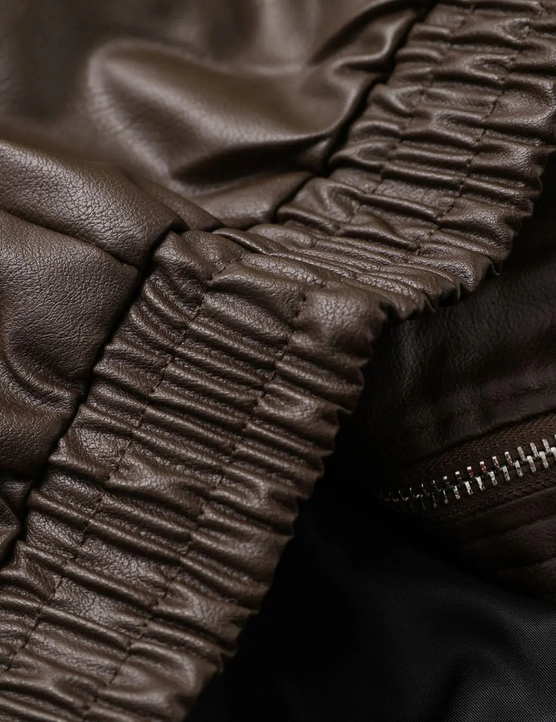 Fullneat Zip Up Ruched Brown Leather Jacket - Details