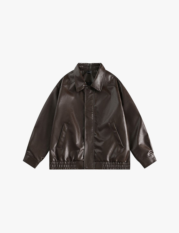 Fullneat Zip Up Ruched Brown Leather Jacket - Front