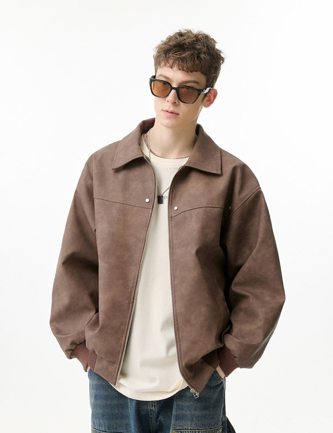Fullneat Faux Leather Zip Up Bomber Jacket Fullneat