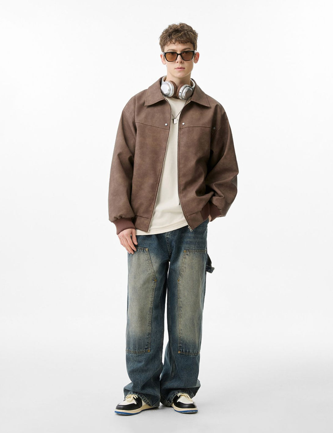 Fullneat Faux Leather Zip Up Bomber Jacket