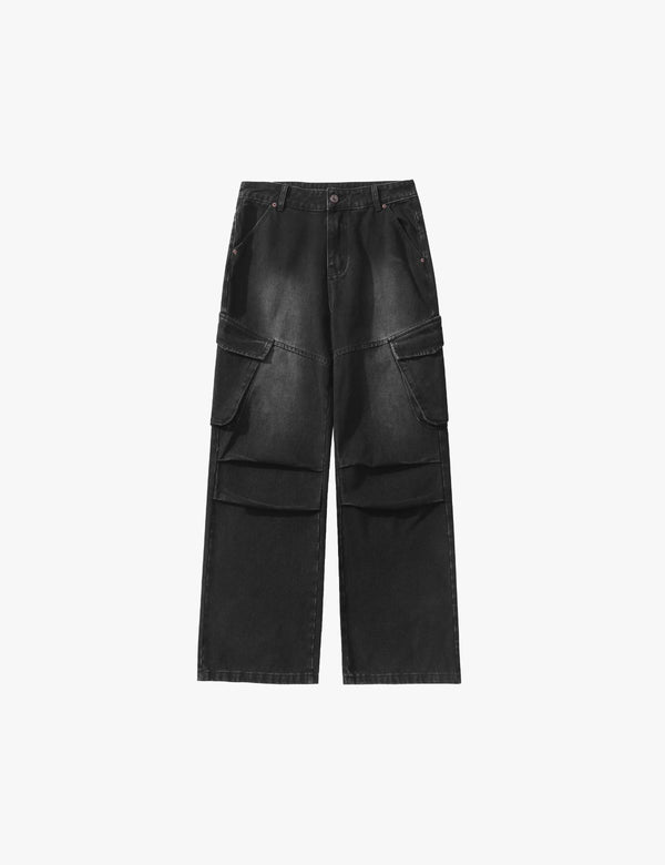Fullneat Vintage Denim Baggy Cargo Pants - Black Front