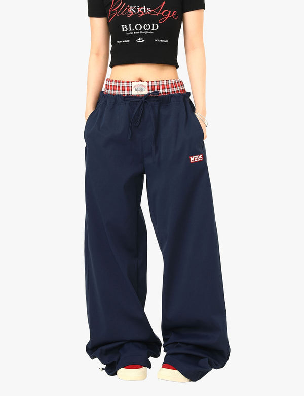 Fullneat Double Waist Plaid Stitch Casual Pants - Model Shown