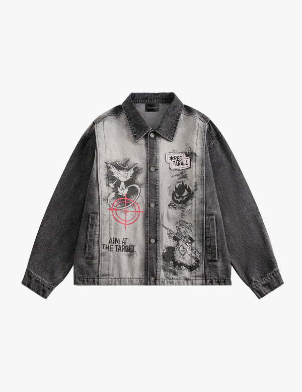 Fullneat Washed Black Print Denim Jacket
