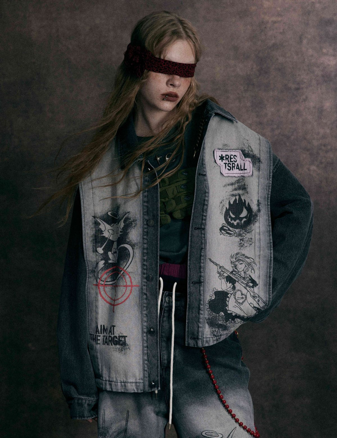 Fullneat Washed Black Print Denim Jacket