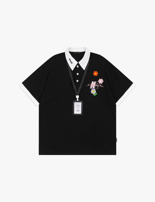 Fullneat Vintage Collar Floral Patch Polo Shirt -  Black