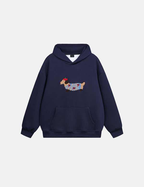 Fullneat Vintage Cartoon Embroidered Hoodie - Navy Blue Front