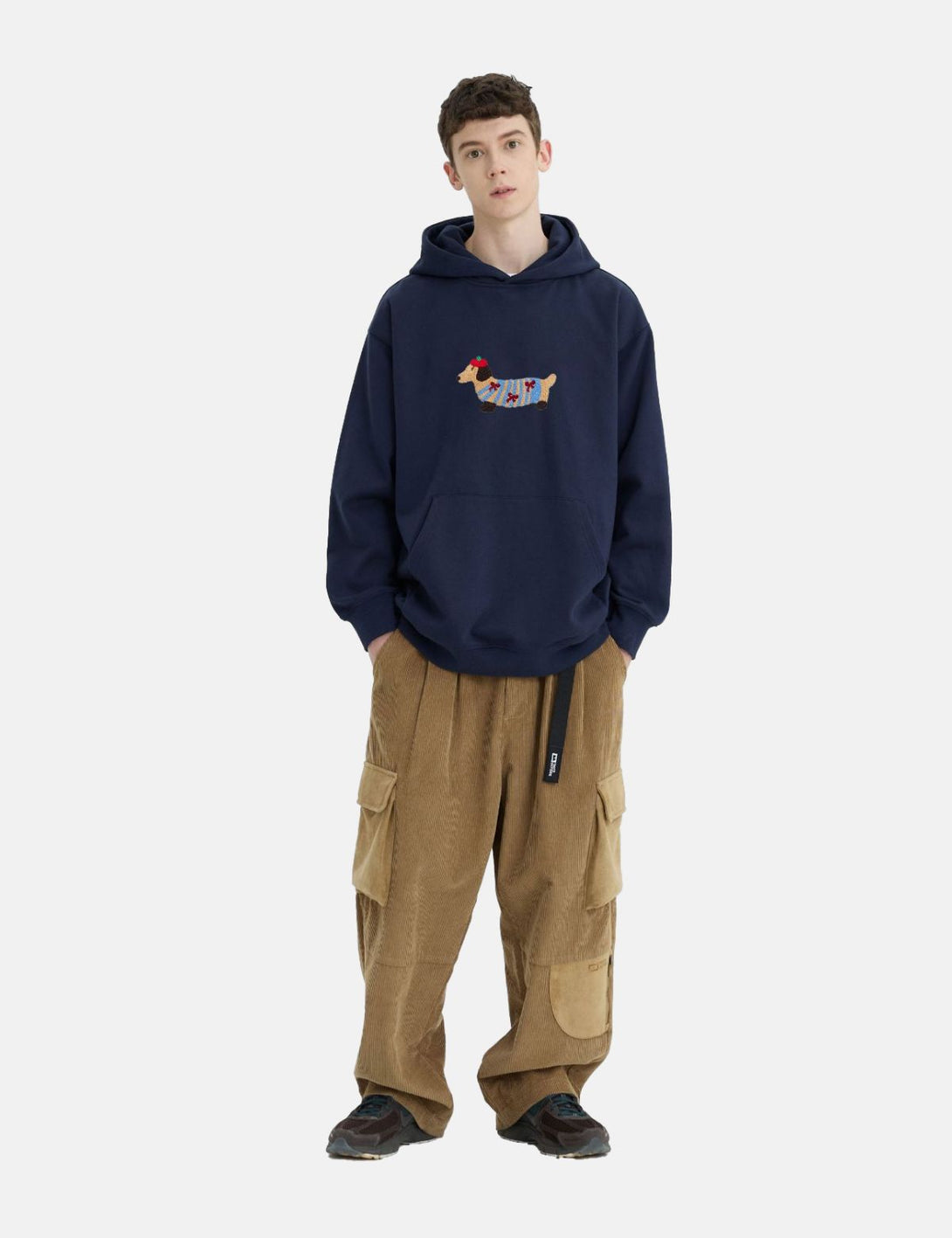 Fullneat Cartoon Dachshund Grey Hoodie​ - Navy Blue Model Shown