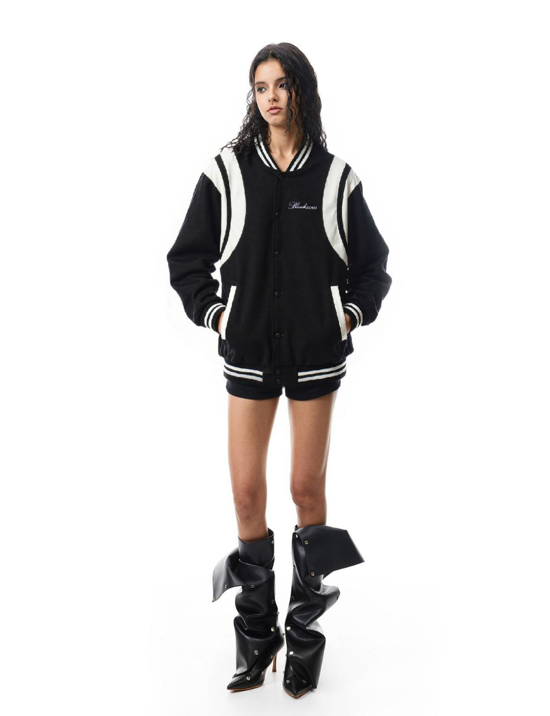 Fullneat Embroidery Varsity Bomber Jacket - Model Shown
